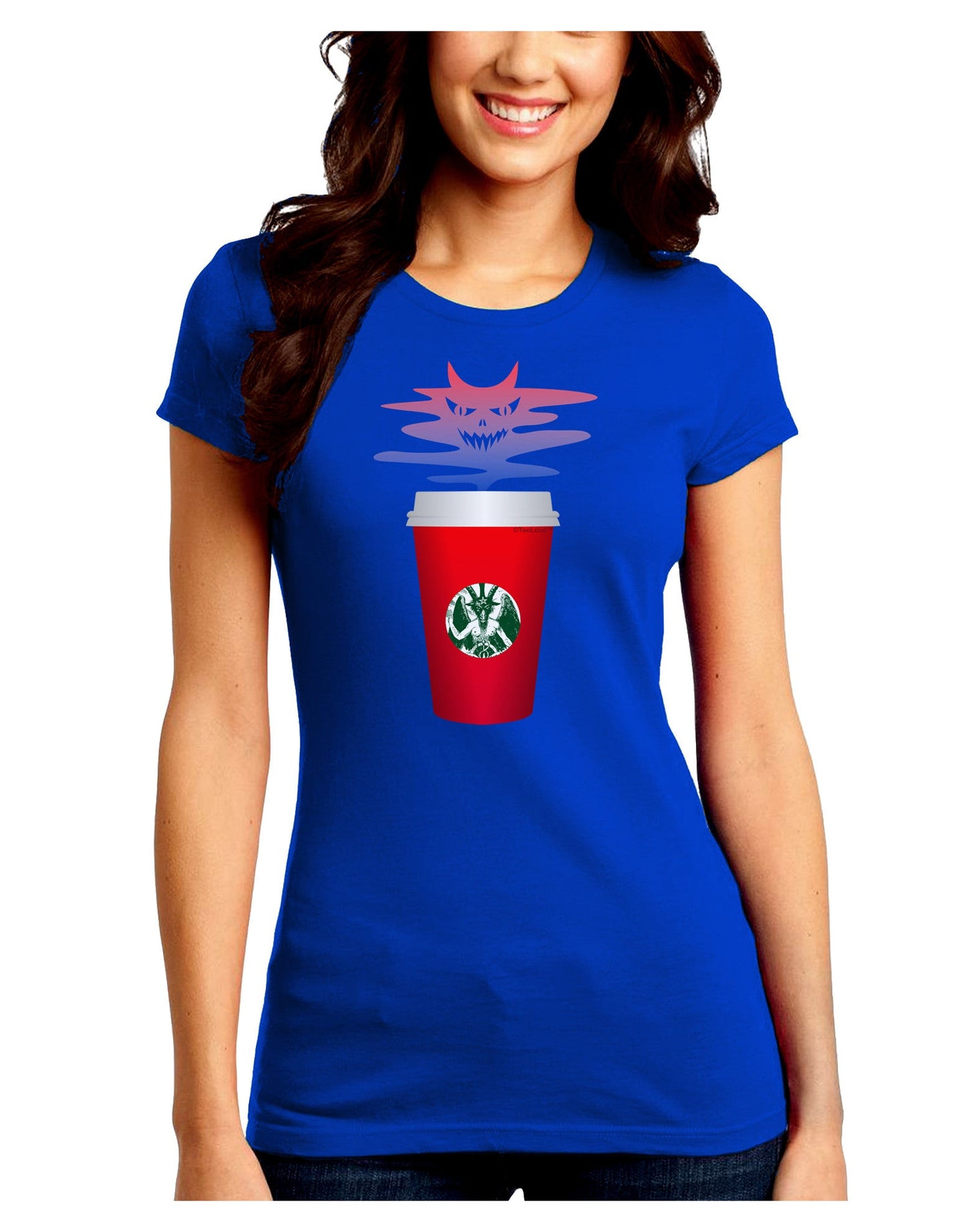 Red Cup Satan Coffee Juniors Petite Crew Dark T-Shirt-T-Shirts Juniors Tops-TooLoud-Royal-Blue-Juniors Fitted Small-Davson Sales