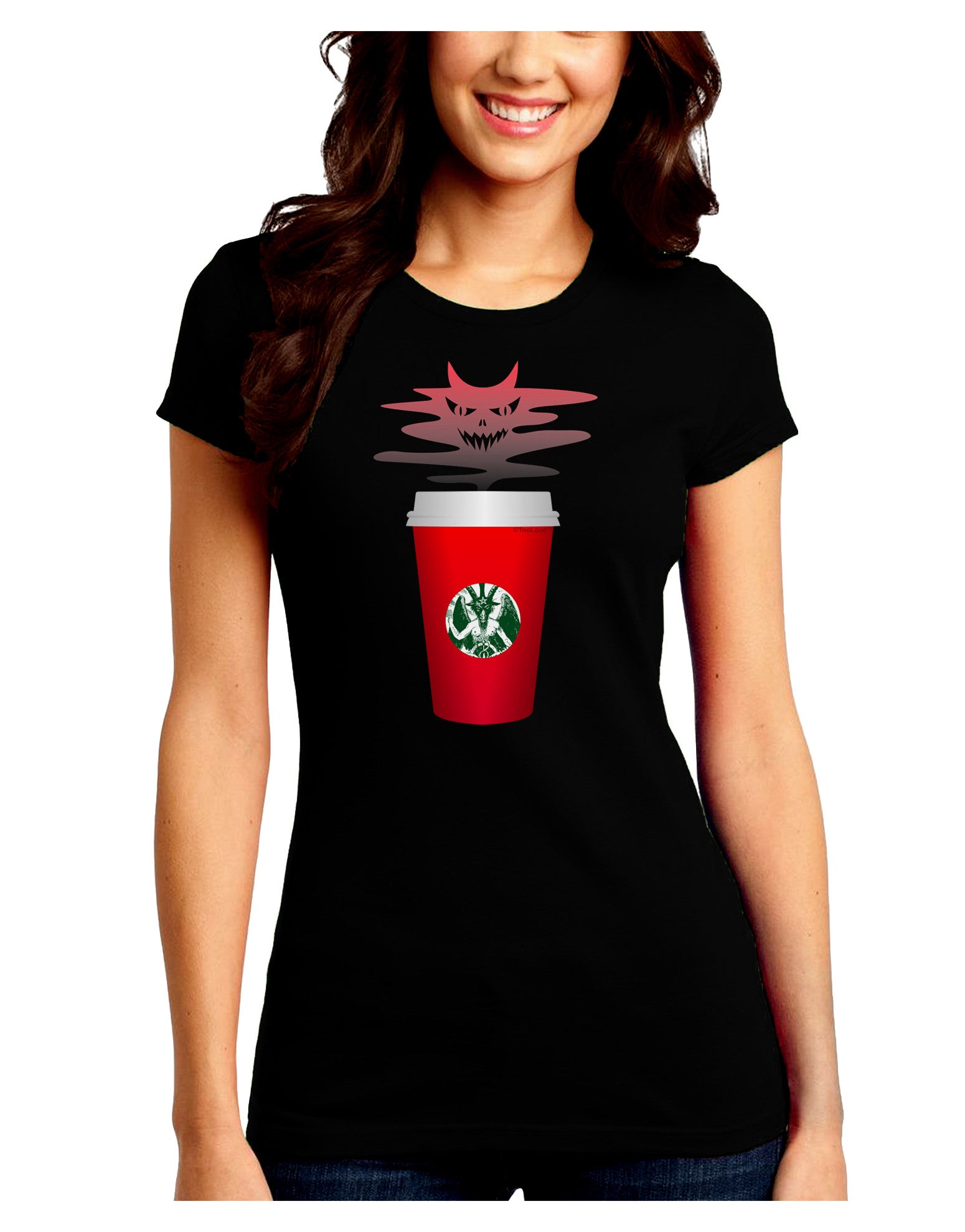 Red Cup Satan Coffee Juniors Petite Crew Dark T-Shirt-T-Shirts Juniors Tops-TooLoud-Black-Juniors Fitted Small-Davson Sales