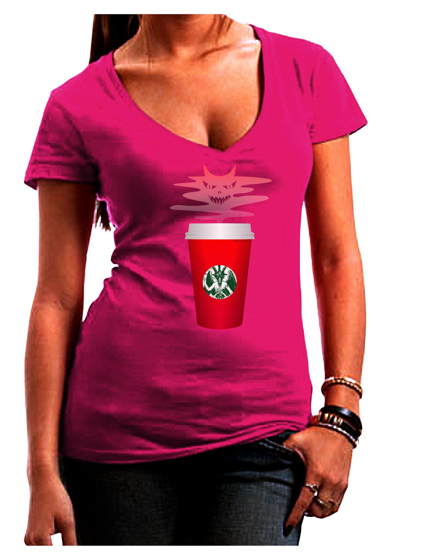 Red Cup Satan Coffee Womens V-Neck Dark T-Shirt-Womens V-Neck T-Shirts-TooLoud-Hot-Pink-Juniors Fitted Small-Davson Sales