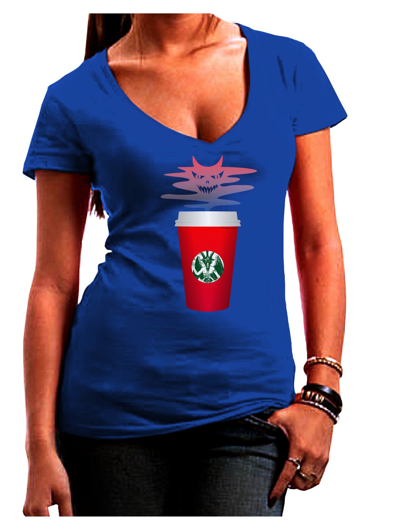 Red Cup Satan Coffee Womens V-Neck Dark T-Shirt-Womens V-Neck T-Shirts-TooLoud-Royal-Blue-Juniors Fitted Small-Davson Sales
