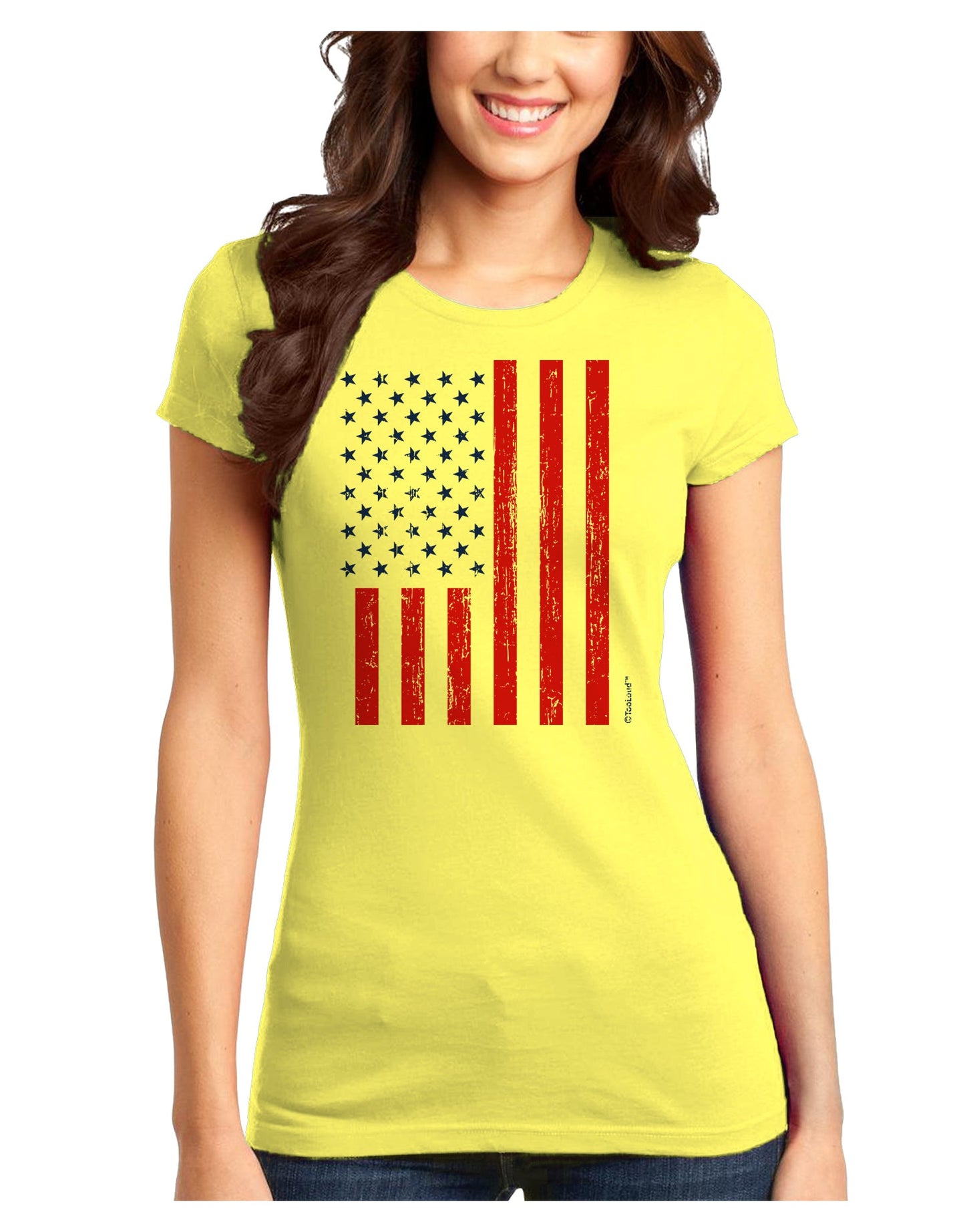 Red and Blue Stamp Style American Flag - Distressed Juniors T-Shirt by TooLoud-Womens Juniors T-Shirt-TooLoud-Yellow-Juniors Fitted X-Small-Davson Sales