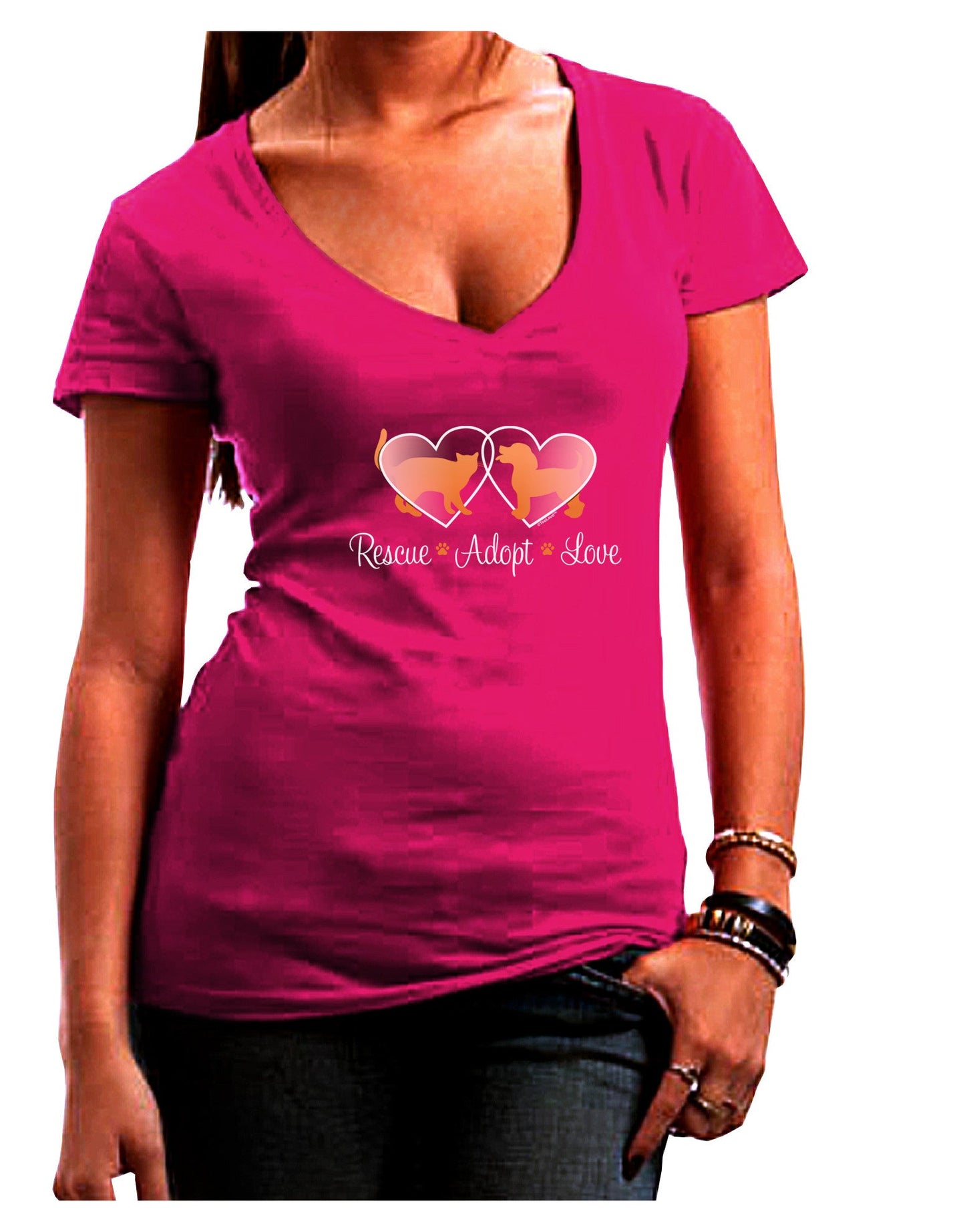 Rescue Adopt Love Womens V-Neck Dark T-Shirt-Womens V-Neck T-Shirts-TooLoud-Hot-Pink-Juniors Fitted Small-Davson Sales