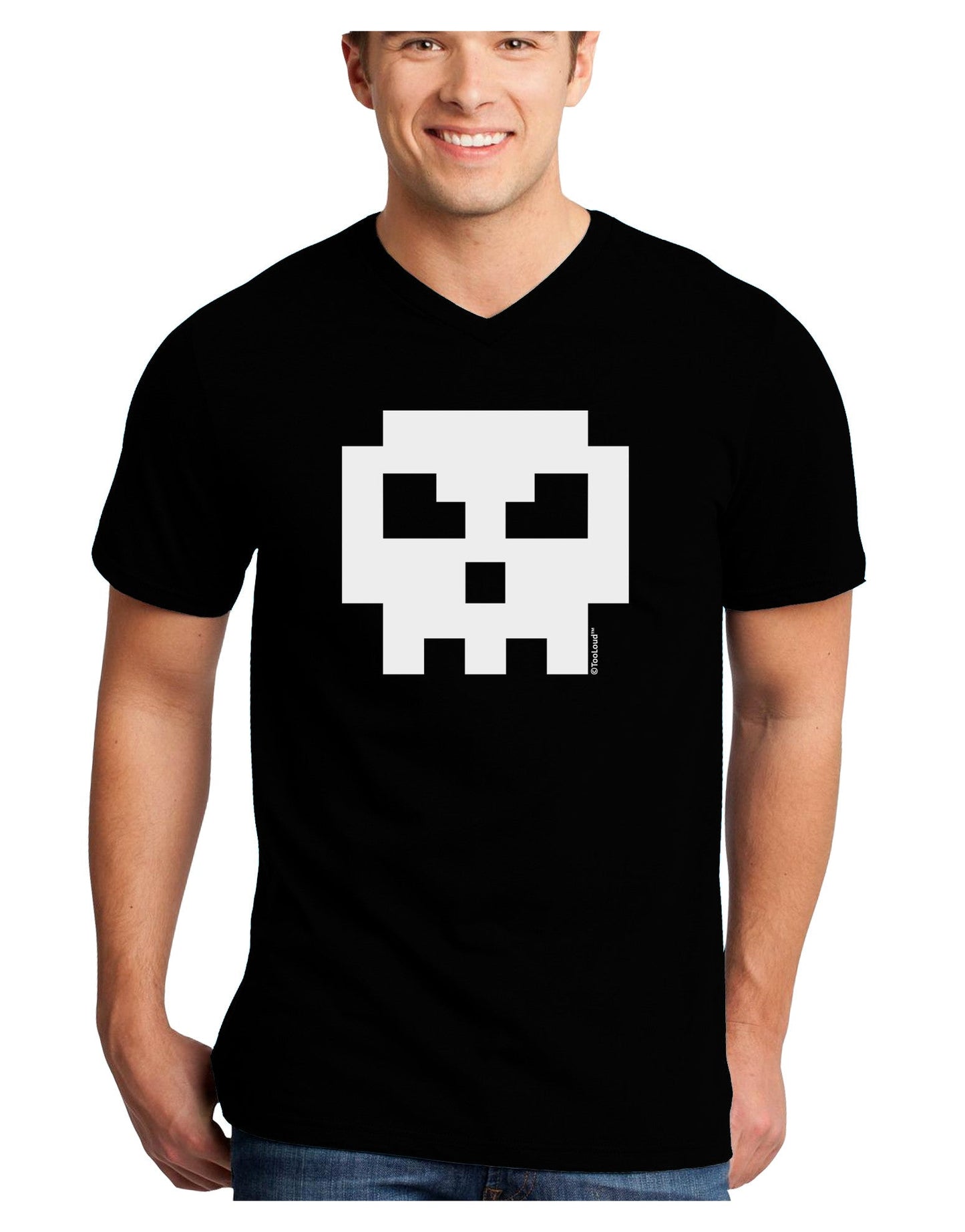 Retro 8-Bit Skull Adult Dark V-Neck T-Shirt-TooLoud-Black-Small-Davson Sales
