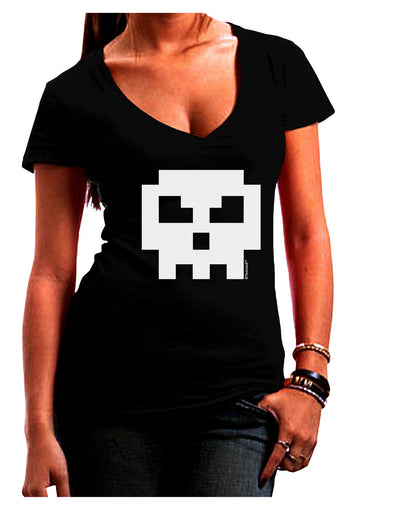 Retro 8-Bit Skull Juniors V-Neck Dark T-Shirt-Womens V-Neck T-Shirts-TooLoud-Black-Juniors Fitted Small-Davson Sales