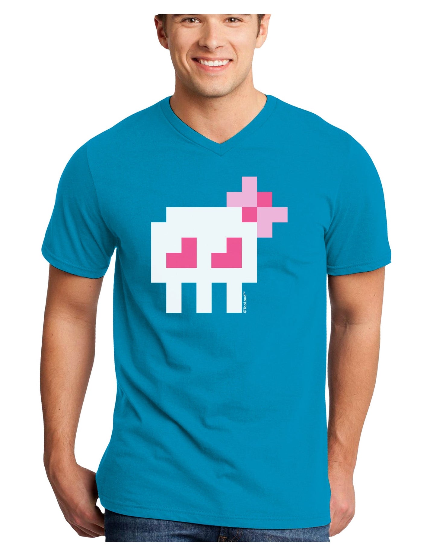 Retro 8-Bit Skull with Pink Bow Adult Dark V-Neck T-Shirt-TooLoud-Turquoise-Small-Davson Sales