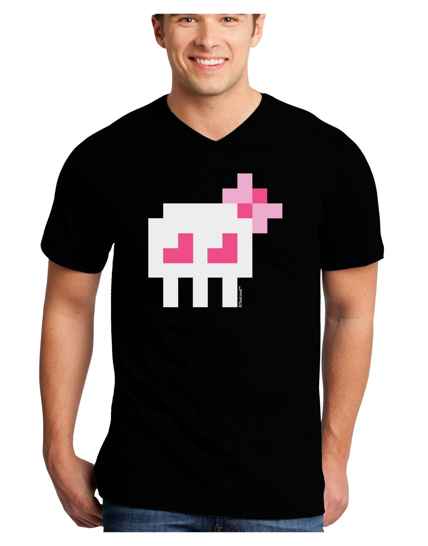 Retro 8-Bit Skull with Pink Bow Adult Dark V-Neck T-Shirt-TooLoud-Black-Small-Davson Sales