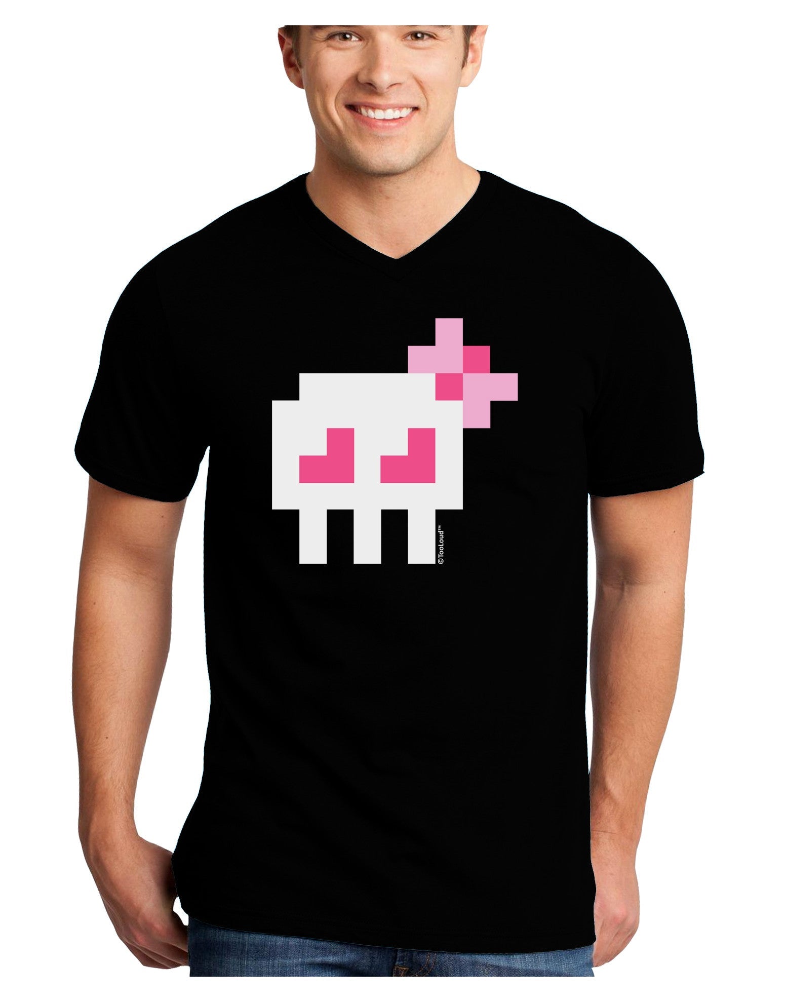 Retro 8-Bit Skull with Pink Bow Adult Dark V-Neck T-Shirt-TooLoud-Black-Small-Davson Sales