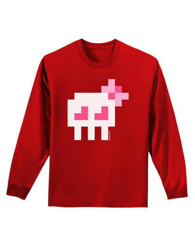 Retro 8-Bit Skull with Pink Bow Adult Long Sleeve Dark T-Shirt-TooLoud-Red-Small-Davson Sales