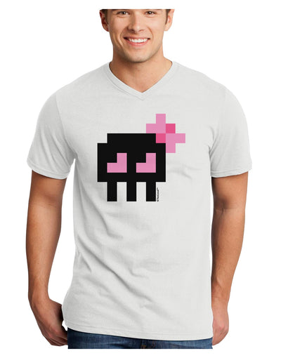 Retro 8-Bit Skull with Pink Bow Adult V-Neck T-shirt-Mens V-Neck T-Shirt-TooLoud-White-Small-Davson Sales