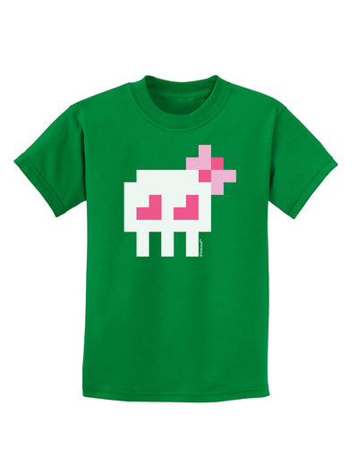 Retro 8-Bit Skull with Pink Bow Childrens Dark T-Shirt-Childrens T-Shirt-TooLoud-Kelly-Green-X-Small-Davson Sales