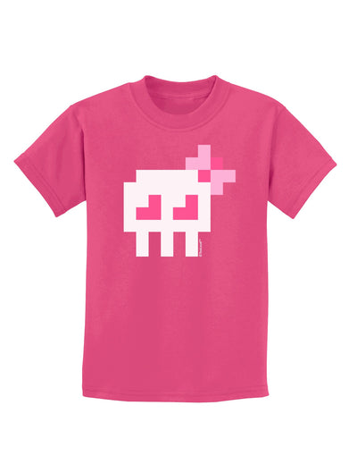 Retro 8-Bit Skull with Pink Bow Childrens Dark T-Shirt-Childrens T-Shirt-TooLoud-Sangria-X-Small-Davson Sales