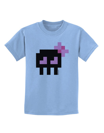 Retro 8-Bit Skull with Pink Bow Childrens T-Shirt-Childrens T-Shirt-TooLoud-Light-Blue-X-Small-Davson Sales