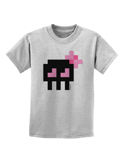 Retro 8-Bit Skull with Pink Bow Childrens T-Shirt-Childrens T-Shirt-TooLoud-AshGray-X-Small-Davson Sales