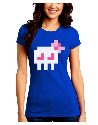 Retro 8-Bit Skull with Pink Bow Juniors Crew Dark T-Shirt-T-Shirts Juniors Tops-TooLoud-Royal-Blue-Juniors Fitted Small-Davson Sales