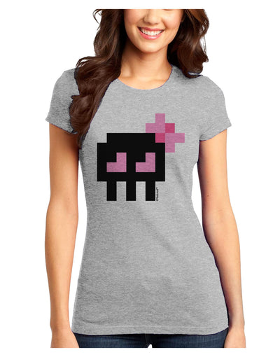 Retro 8-Bit Skull with Pink Bow Juniors T-Shirt-Womens Juniors T-Shirt-TooLoud-Ash-Gray-Juniors Fitted X-Small-Davson Sales