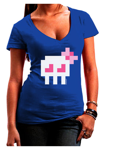 Retro 8-Bit Skull with Pink Bow Juniors V-Neck Dark T-Shirt-Womens V-Neck T-Shirts-TooLoud-Royal-Blue-Juniors Fitted Small-Davson Sales