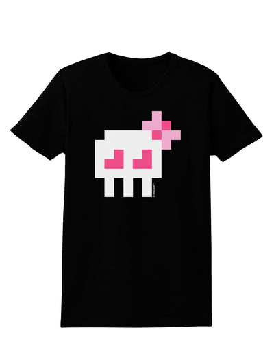 Retro 8-Bit Skull with Pink Bow Womens Dark T-Shirt-TooLoud-Black-X-Small-Davson Sales