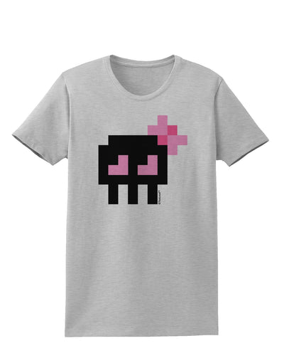 Retro 8-Bit Skull with Pink Bow Womens T-Shirt-Womens T-Shirt-TooLoud-AshGray-X-Small-Davson Sales