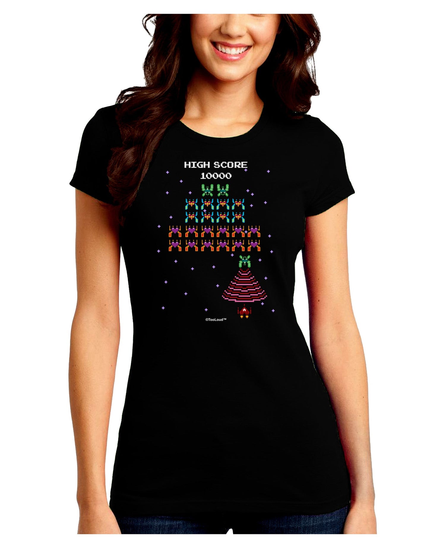 Retro Heart Fighter Juniors Petite Crew Dark T-Shirt-T-Shirts Juniors Tops-TooLoud-Black-Juniors Fitted Small-Davson Sales