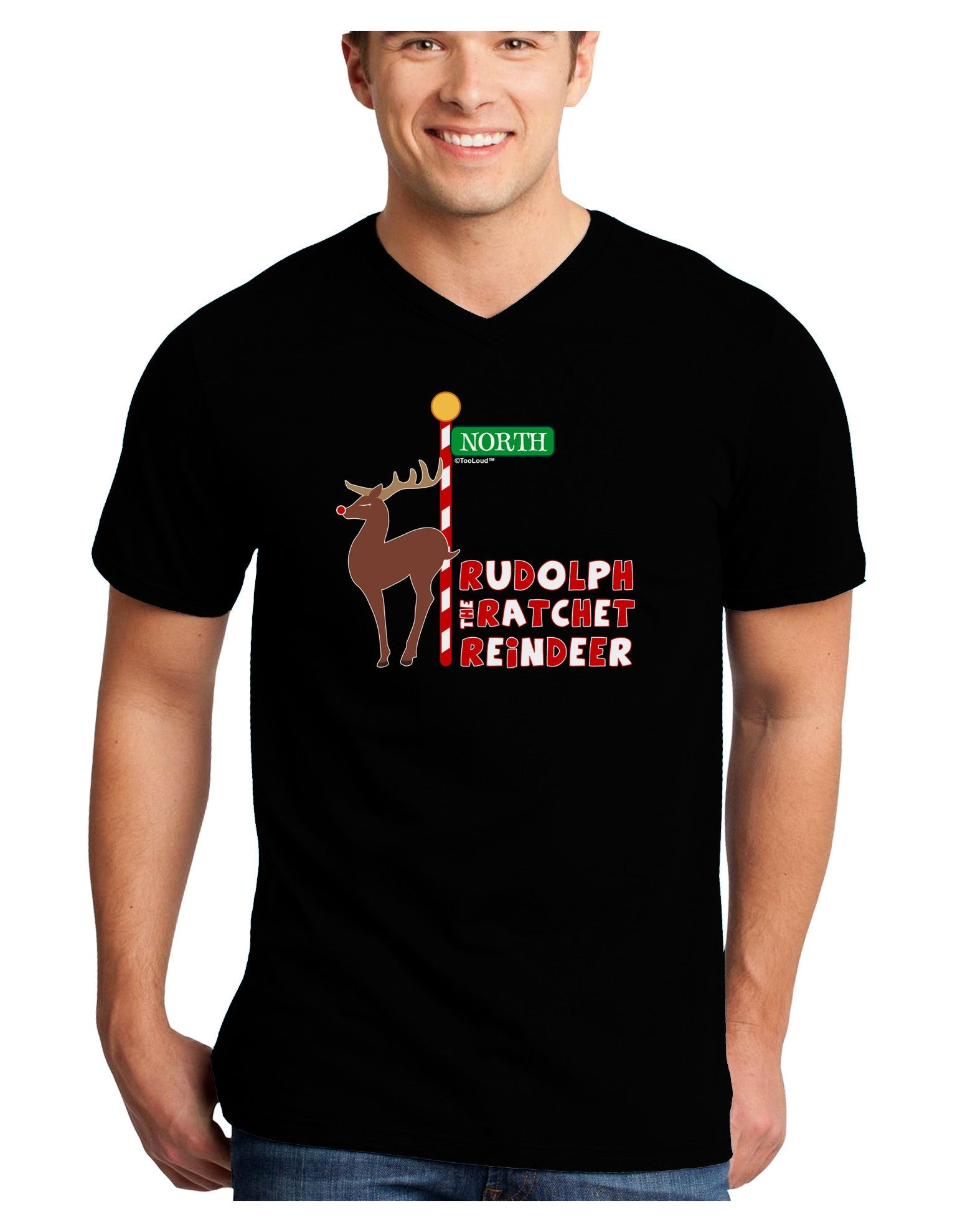 Rudolf Ratchet Reindeer Color Text Adult Dark V-Neck T-Shirt-TooLoud-Black-Small-Davson Sales