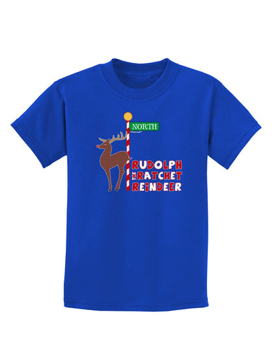 Rudolf Ratchet Reindeer Color Text Childrens Dark T-Shirt-Childrens T-Shirt-TooLoud-Royal-Blue-X-Small-Davson Sales