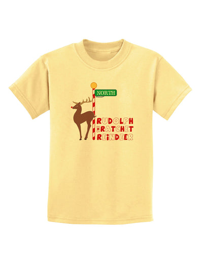 Rudolf Ratchet Reindeer Color Text Childrens T-Shirt-Childrens T-Shirt-TooLoud-Daffodil-Yellow-X-Small-Davson Sales