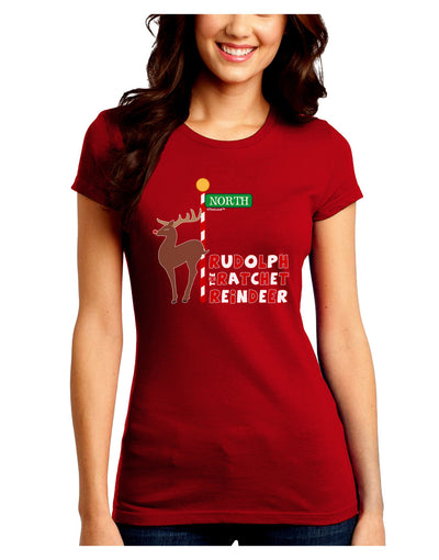 Rudolf Ratchet Reindeer Color Text Juniors Crew Dark T-Shirt-T-Shirts Juniors Tops-TooLoud-Red-Juniors Fitted Small-Davson Sales