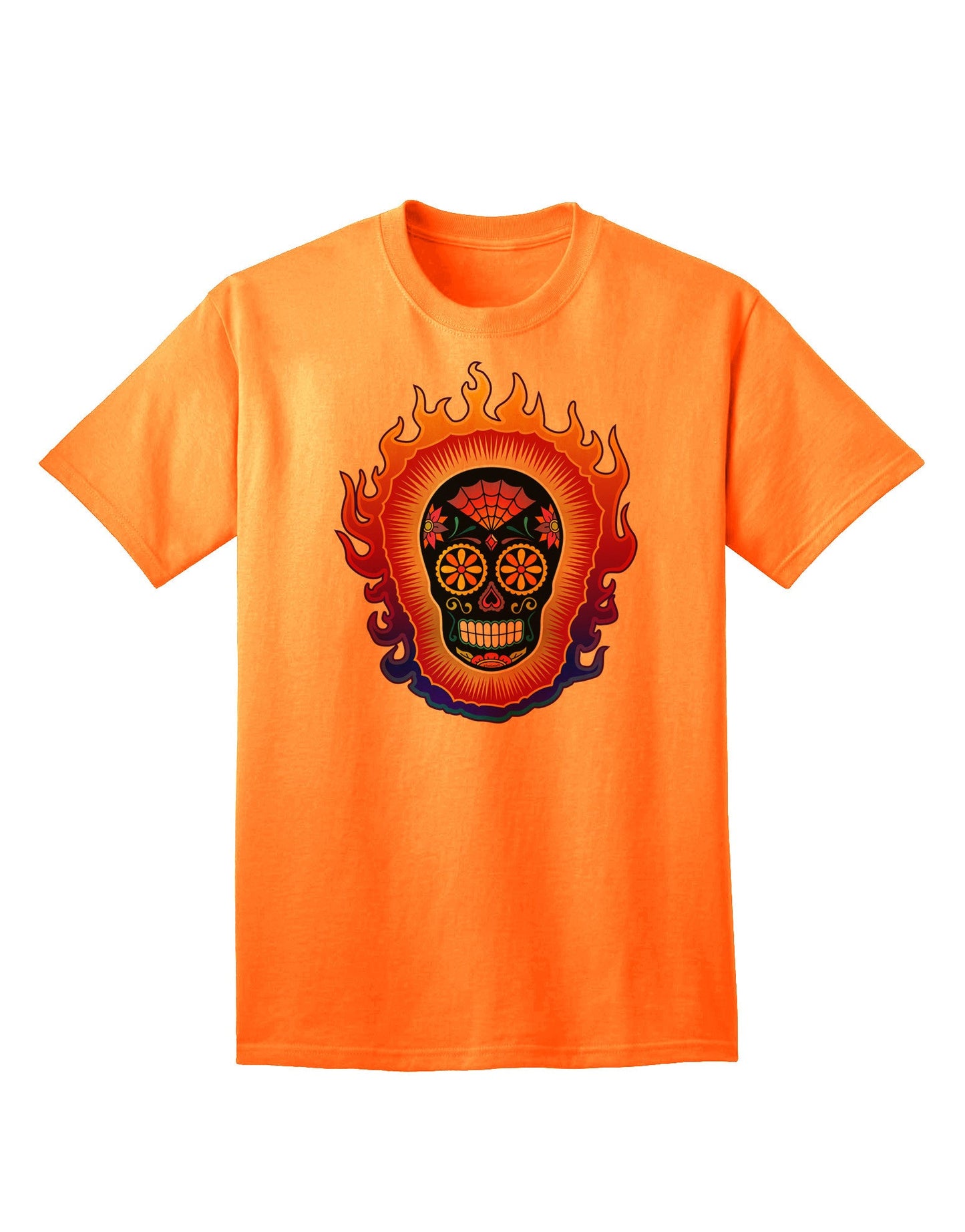 Sacred Calavera: Premium Day of the Dead Sugar Skull Adult T-Shirt - A Unique Expression of Artistic Style-Mens T-shirts-TooLoud-Neon-Orange-Small-Davson Sales