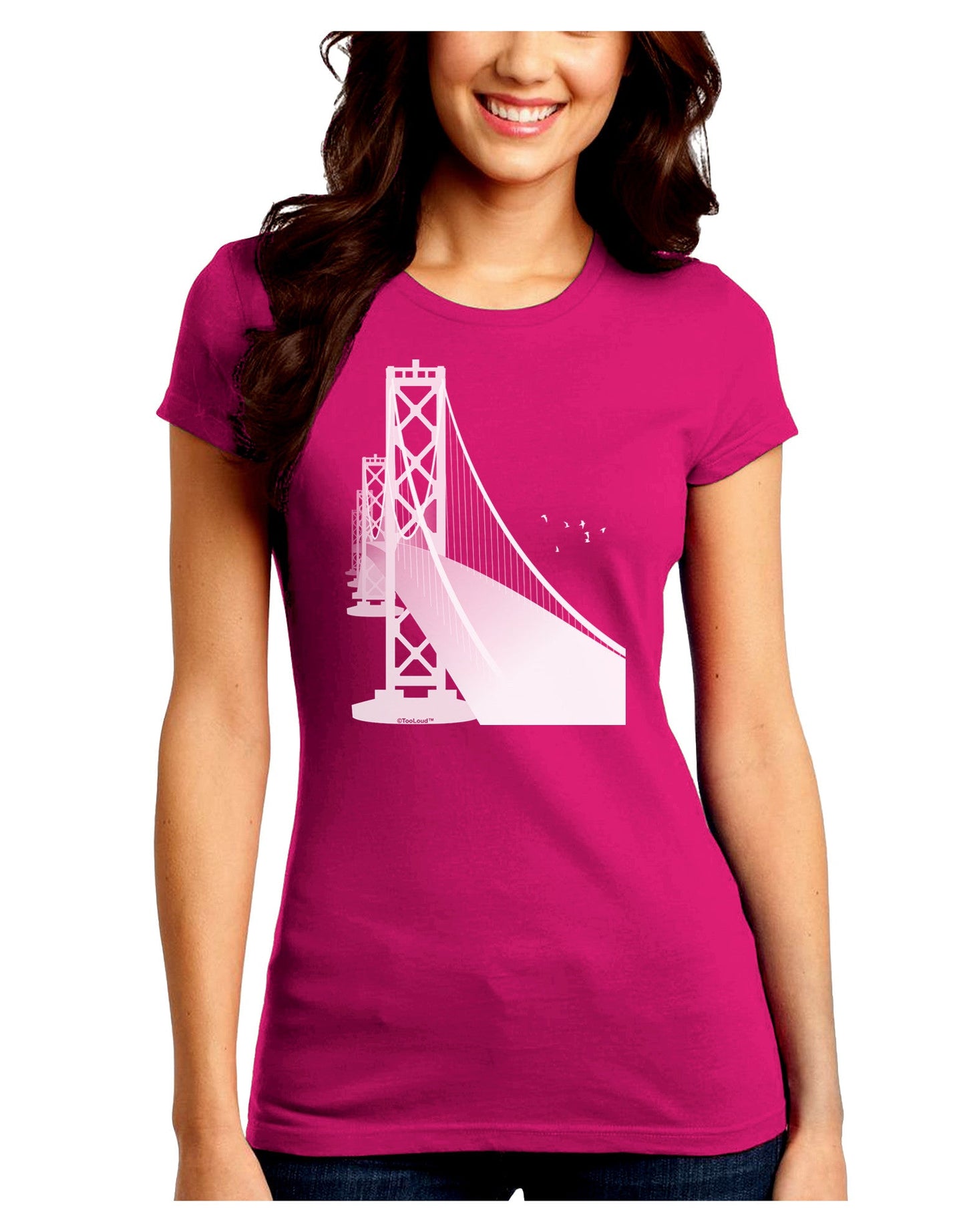 San Francisco Bay Bridge Juniors Petite Crew Dark T-Shirt-T-Shirts Juniors Tops-TooLoud-Hot-Pink-Juniors Fitted Small-Davson Sales