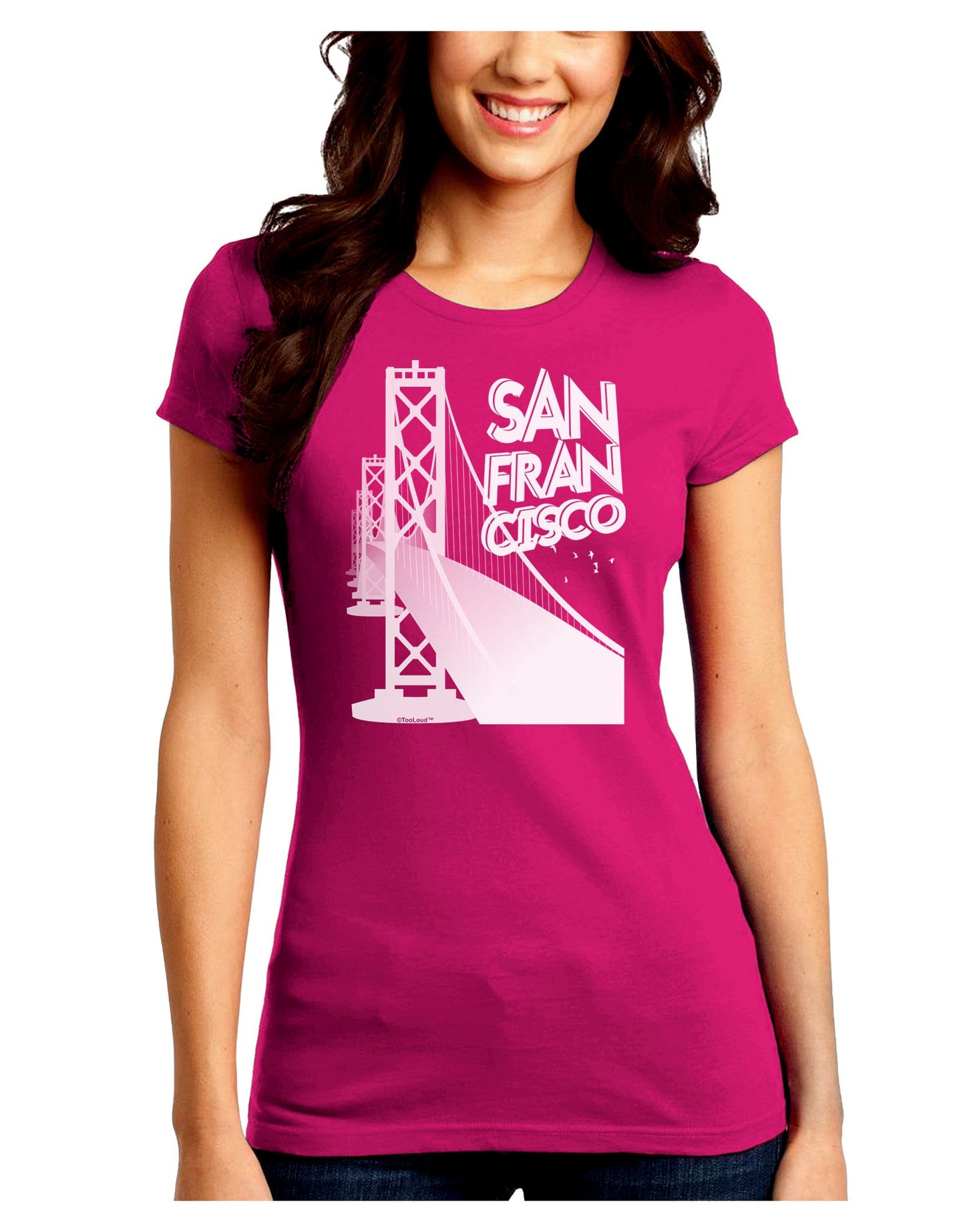San Francisco Text Bay Bridge Juniors Petite Crew Dark T-Shirt-T-Shirts Juniors Tops-TooLoud-Hot-Pink-Juniors Fitted Small-Davson Sales