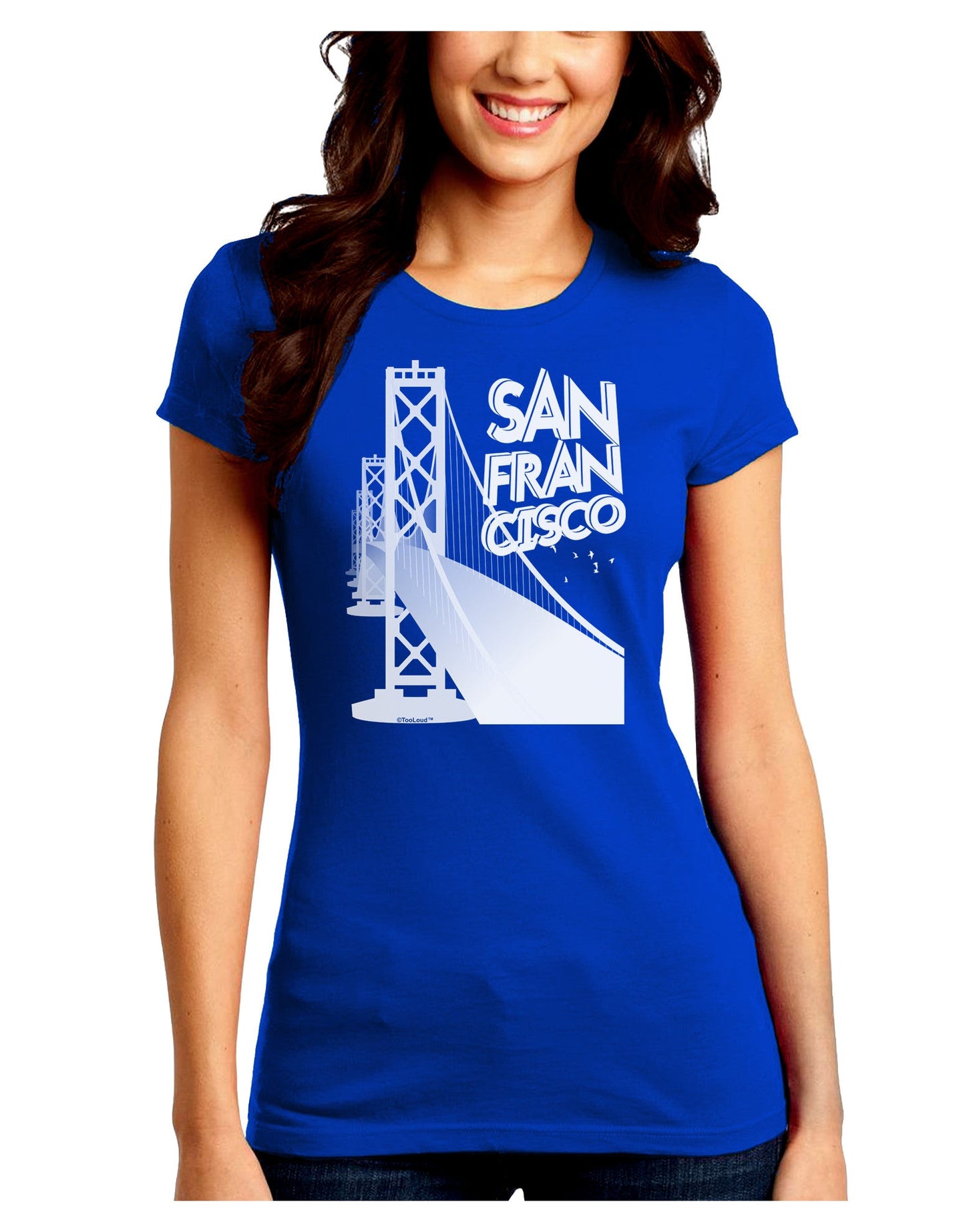 San Francisco Text Bay Bridge Juniors Petite Crew Dark T-Shirt-T-Shirts Juniors Tops-TooLoud-Royal-Blue-Juniors Fitted Small-Davson Sales