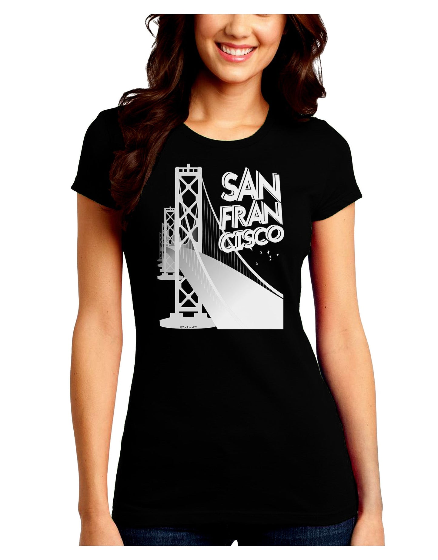 San Francisco Text Bay Bridge Juniors Petite Crew Dark T-Shirt-T-Shirts Juniors Tops-TooLoud-Black-Juniors Fitted Small-Davson Sales
