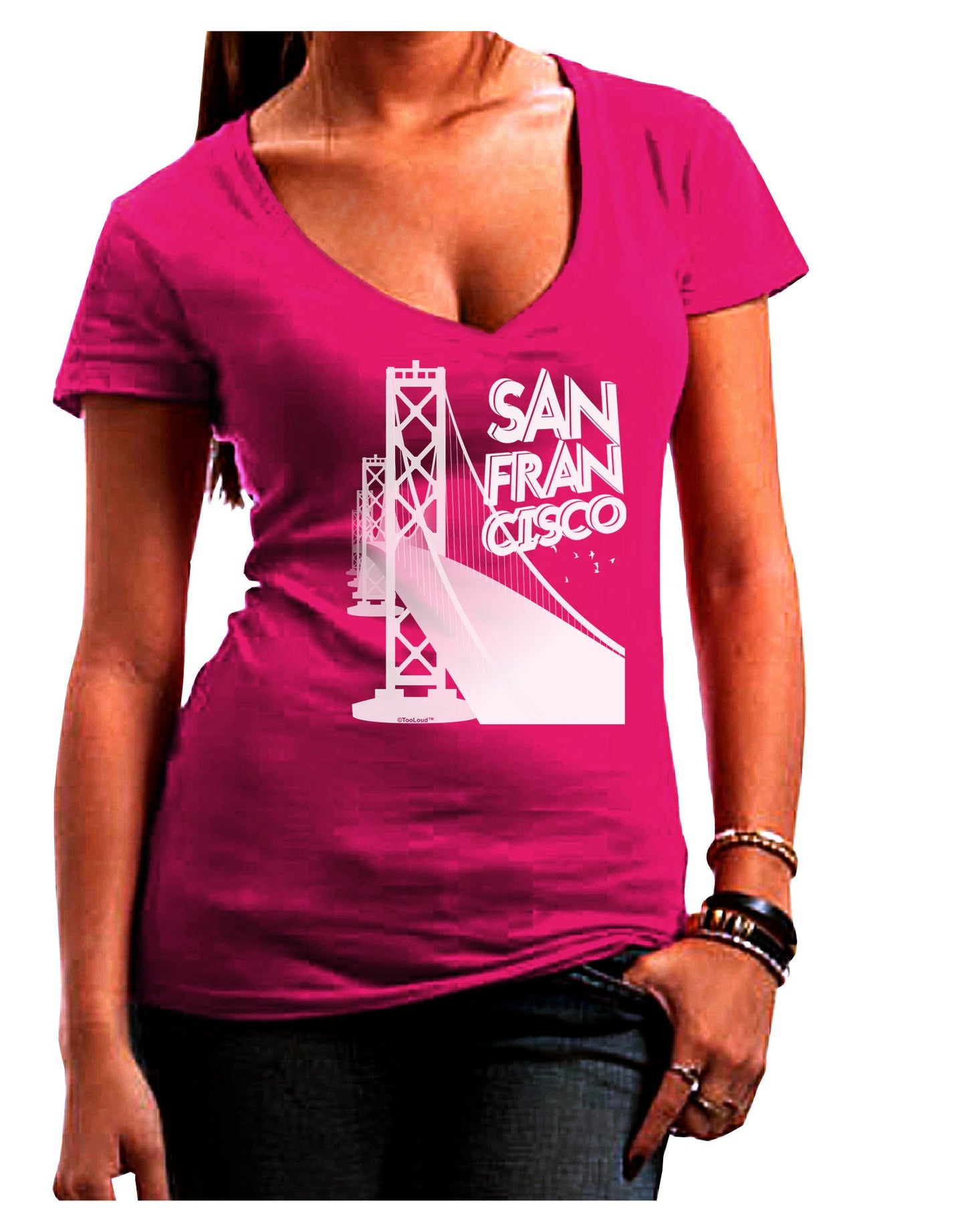 San Francisco Text Bay Bridge Womens V-Neck Dark T-Shirt-Womens V-Neck T-Shirts-TooLoud-Hot-Pink-Juniors Fitted Small-Davson Sales