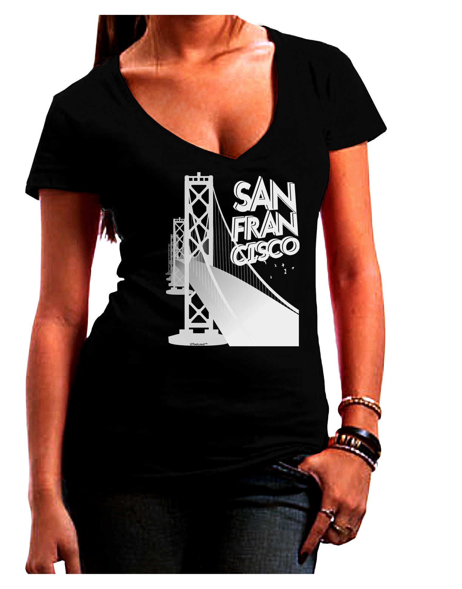 San Francisco Text Bay Bridge Womens V-Neck Dark T-Shirt-Womens V-Neck T-Shirts-TooLoud-Black-Juniors Fitted Small-Davson Sales