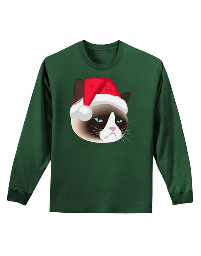 Santa Hat Disgruntled Siamese Cat Adult Long Sleeve Dark T-Shirt-TooLoud-Dark-Green-Small-Davson Sales