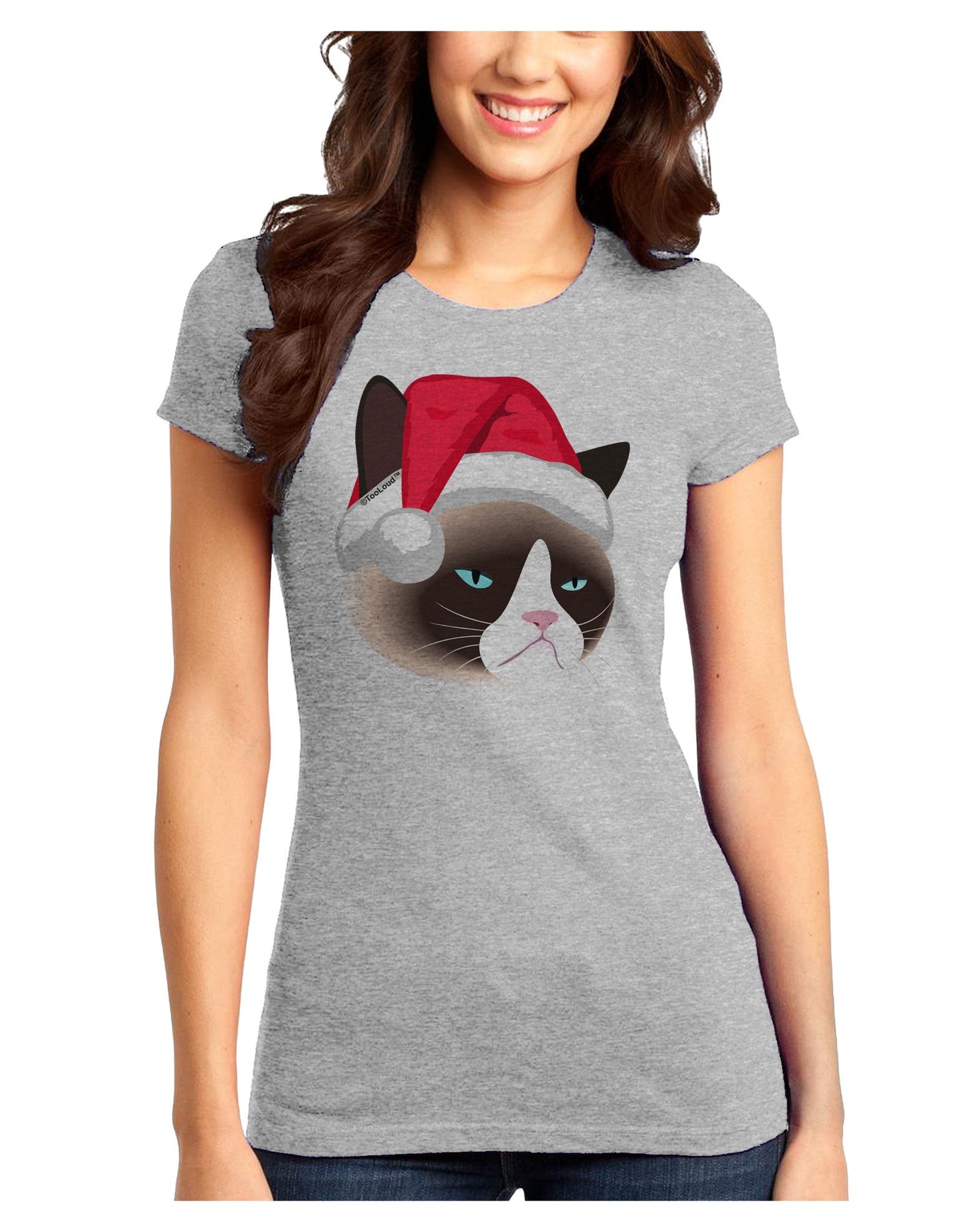 Santa Hat Disgruntled Siamese Cat Juniors T-Shirt-Womens Juniors T-Shirt-TooLoud-Ash-Gray-Juniors Fitted X-Small-Davson Sales
