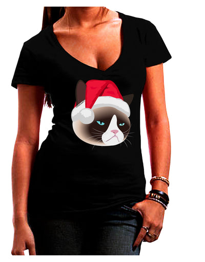 Santa Hat Disgruntled Siamese Cat Juniors V-Neck Dark T-Shirt-Womens V-Neck T-Shirts-TooLoud-Black-Juniors Fitted Small-Davson Sales