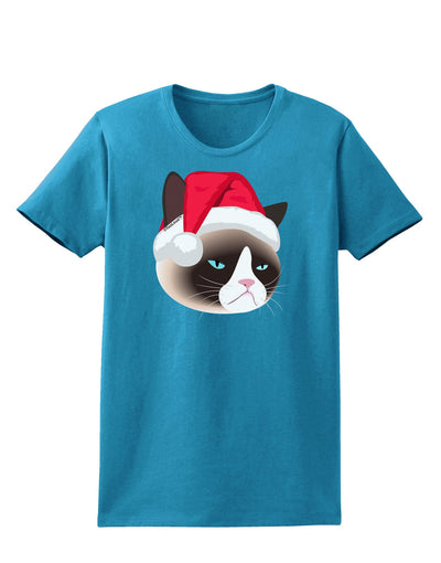 Santa Hat Disgruntled Siamese Cat Womens Dark T-Shirt-TooLoud-Turquoise-X-Small-Davson Sales