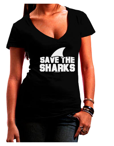 Save The Sharks - Fin Juniors V-Neck Dark T-Shirt-Womens V-Neck T-Shirts-TooLoud-Black-Juniors Fitted Small-Davson Sales