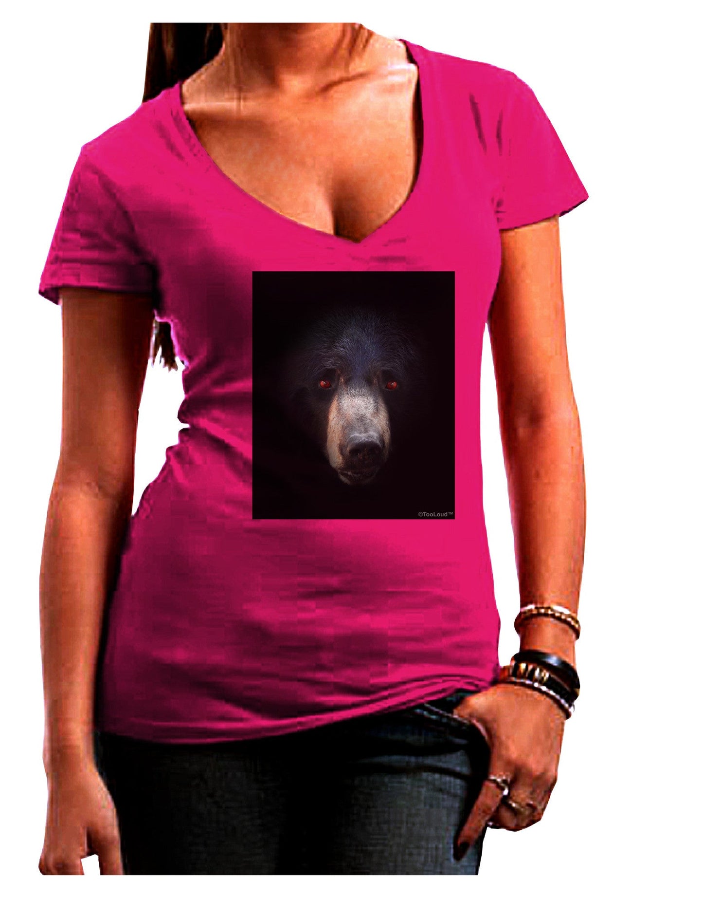 Scary Black Bear Womens V-Neck Dark T-Shirt-Womens V-Neck T-Shirts-TooLoud-Hot-Pink-Juniors Fitted Small-Davson Sales