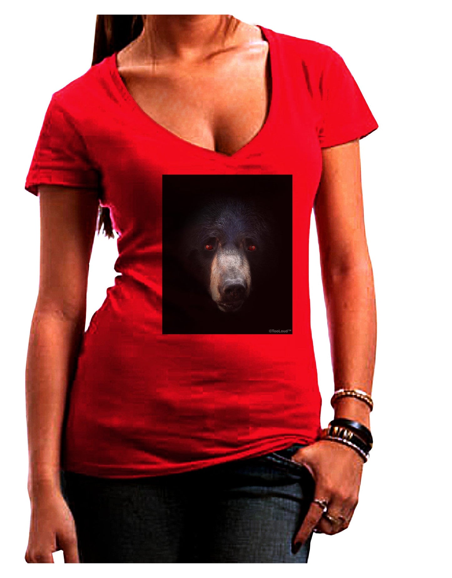 Scary Black Bear Womens V-Neck Dark T-Shirt-Womens V-Neck T-Shirts-TooLoud-Red-Juniors Fitted Small-Davson Sales