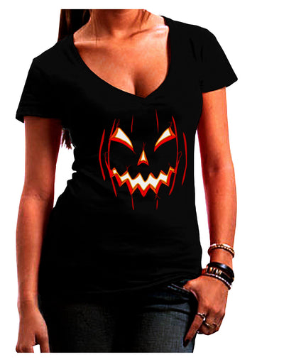 Scary Glow Evil Jack O Lantern Pumpkin Juniors V-Neck Dark T-Shirt-Womens V-Neck T-Shirts-TooLoud-Black-Juniors Fitted Small-Davson Sales