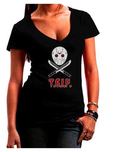 Scary Mask With Machete - TGIF Juniors V-Neck Dark T-Shirt-Womens V-Neck T-Shirts-TooLoud-Black-Juniors Fitted Small-Davson Sales