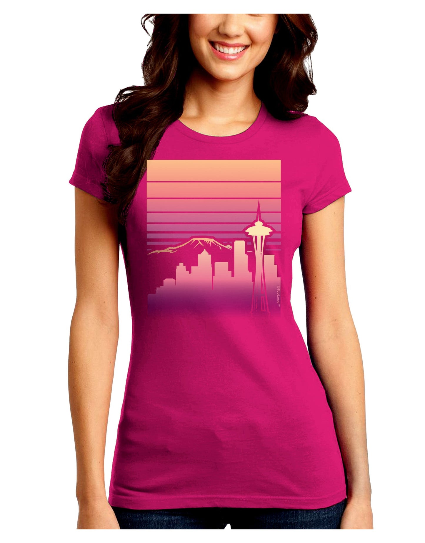 Seattle Skyline Sunrise Juniors Petite Crew Dark T-Shirt-T-Shirts Juniors Tops-TooLoud-Hot-Pink-Juniors Fitted Small-Davson Sales