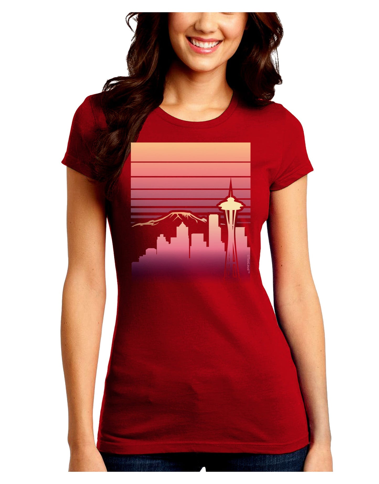 Seattle Skyline Sunrise Juniors Petite Crew Dark T-Shirt-T-Shirts Juniors Tops-TooLoud-Red-Juniors Fitted Small-Davson Sales