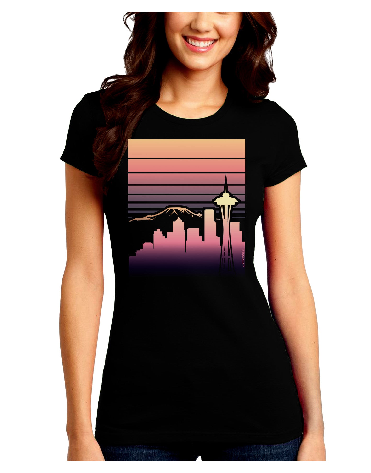 Seattle Skyline Sunrise Juniors Petite Crew Dark T-Shirt-T-Shirts Juniors Tops-TooLoud-Black-Juniors Fitted Small-Davson Sales