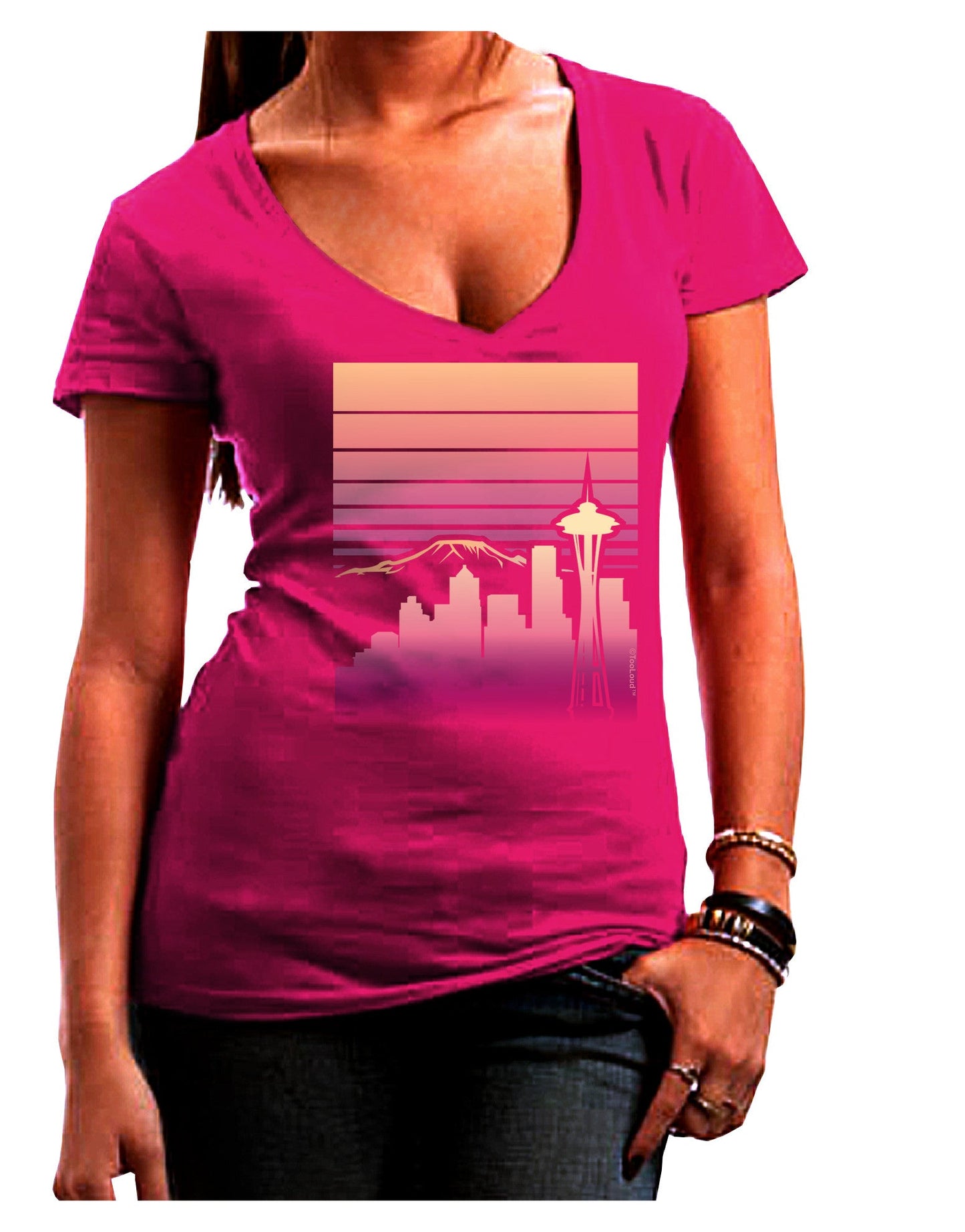 Seattle Skyline Sunrise Womens V-Neck Dark T-Shirt-Womens V-Neck T-Shirts-TooLoud-Hot-Pink-Juniors Fitted Small-Davson Sales