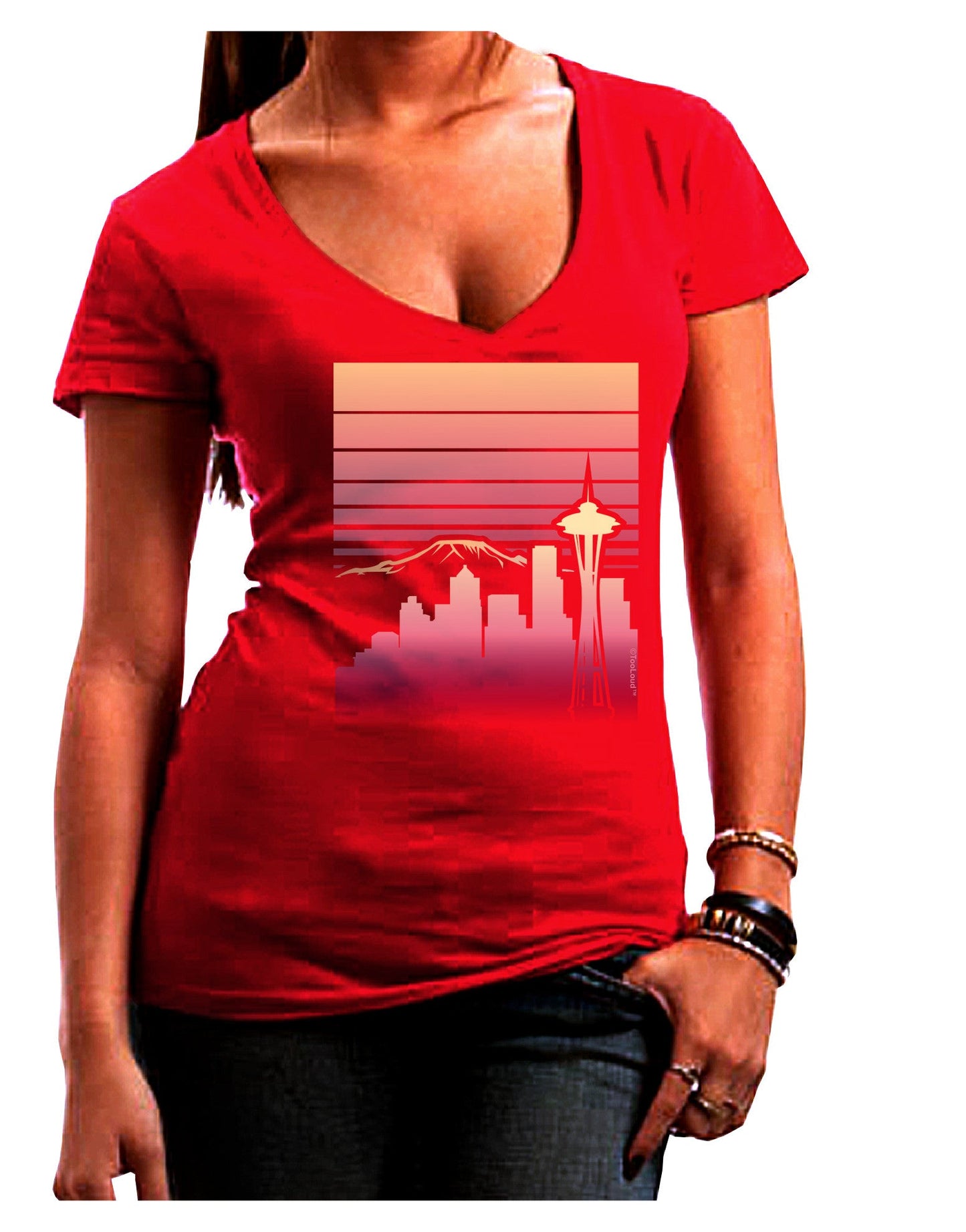 Seattle Skyline Sunrise Womens V-Neck Dark T-Shirt-Womens V-Neck T-Shirts-TooLoud-Red-Juniors Fitted Small-Davson Sales