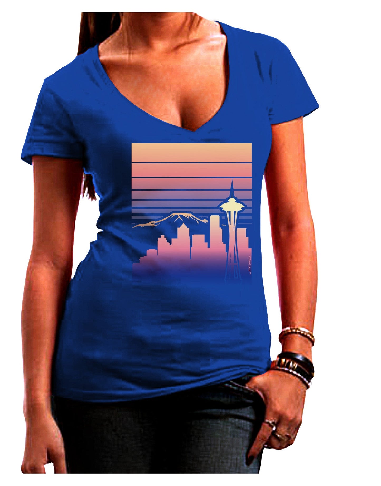 Seattle Skyline Sunrise Womens V-Neck Dark T-Shirt-Womens V-Neck T-Shirts-TooLoud-Royal-Blue-Juniors Fitted Small-Davson Sales