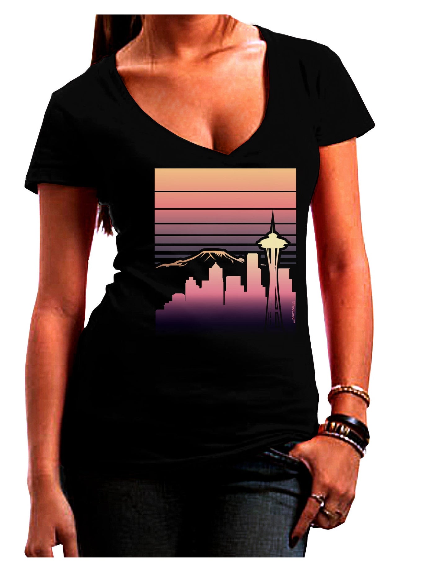 Seattle Skyline Sunrise Womens V-Neck Dark T-Shirt-Womens V-Neck T-Shirts-TooLoud-Black-Juniors Fitted Small-Davson Sales